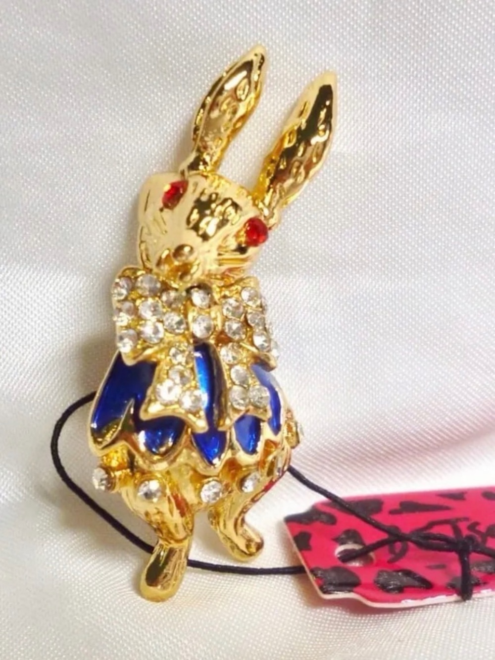 Betsey Johnson Gold Bunny Brooch with Blue Enamel and Clear Stones
